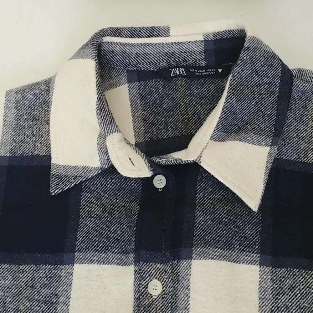 Zara Shacket Women's Size M Flannel Long Shirt Black Checker Plaid‎ Button Down - Picture 3 of 12